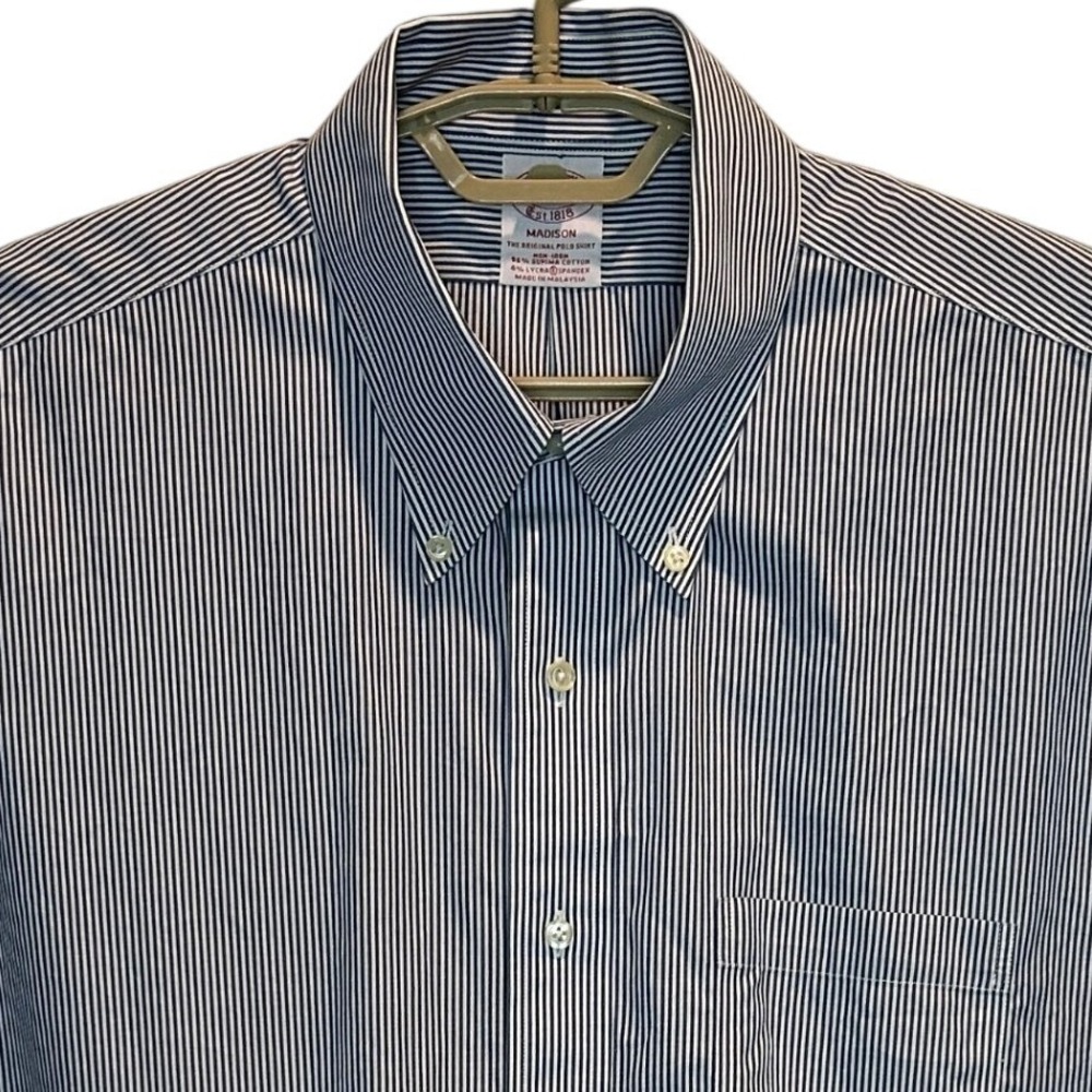 Brooks Brothers Madison Shirt 17.5 35 Mens Blue White Stripe Non-Iron Supima